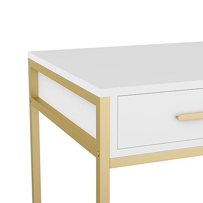 Martha Stewart Ollie Home Office Desk with 3 Drawers in White with Polished Brass Hardware - color: White Top/Polished Brass Frame