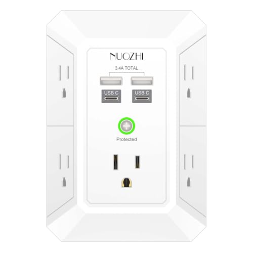 Surge Protector, Wall Charger, NUOZHI 5 Outlet Extender with 4 USB Charging Ports(2USB-C), 3-Sided 1680J Power Strip Multi Plug Adapter Spaced for Home Travel Office, White - color: White(Non-Night Light), size: 5 Outlets