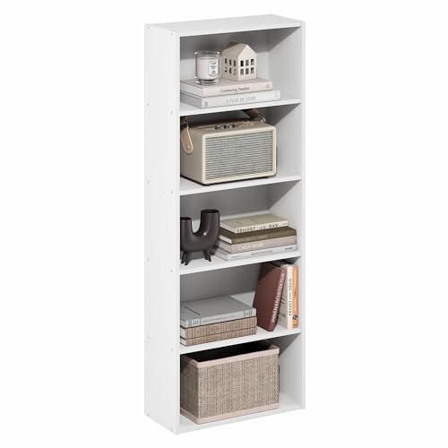 Furinno Basic Book Shelf, 5-Tier Bookshelf, Storage Organizer Bookcase with Open Shelf, 7 x 17 x 44, for Living Room, Bedroom, Home Office, White - color: White, size: 5-Tier, 7 x 17 x 44