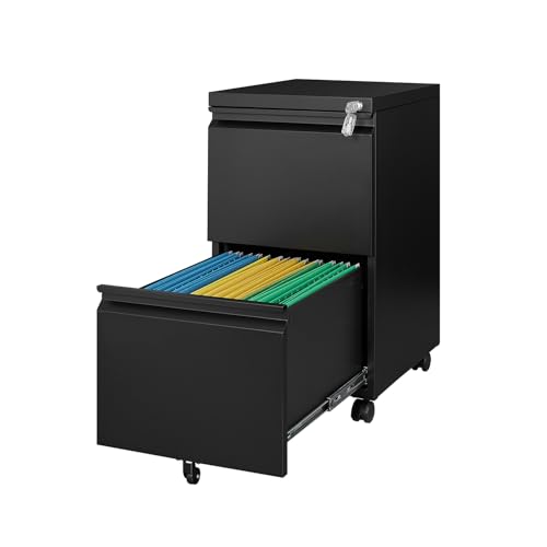 Fesbos 2 Drawers Vertical File Cabinet - Fully Assembled Black Under Desk Mobile Filling Cabinet Small Lockable Home Office File Cabinets for A4/Letter/Legal Size - color: Black, size: 14.6"W-2 Drawers-Fully Assembled
