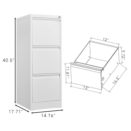 3 Drawer Vertical File Cabinet with Lock, White Metal Filing Cabinet
