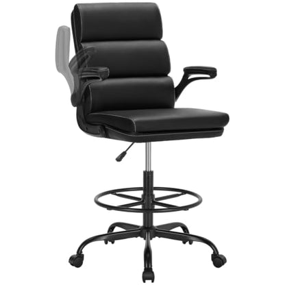 amseatec Drafting Chair, Tall Office Chair with Footrest for Standing Desk | 3-zone backrest and dual-layer cushion add comfort; 90° flip-up armrests plus adjustable foot ring fit counter-height tables - color: Black