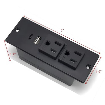 Recessed Power Strip, Furniture Flush Mounted Outlet with 2 USB Ports for Conference Desktop Nightstands, 2 AC Outlets 1 USB-A Port 1 USB-C Port 7.2 FT Extension Power Cord (Black)