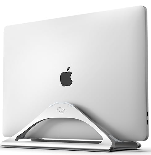 HumanCentric Vertical Laptop Stand for Desks in Silver Color, Upright Adjustable Holder to Dock Apple MacBook Stand, and Other Laptops to Organize Work & Home Office, Automatic Grip - color: Silver