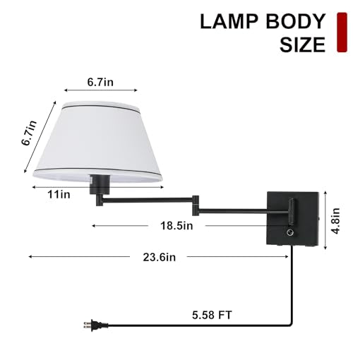 17" Swing Arm Wall Lamp White Fabric Shade - color: Black+White