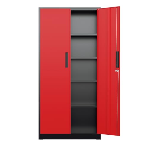 Bonusall 72" Metal Garage Storage Cabinet - 900lbs Heavy Duty Steel Cabinet with 3-Point Locking System & 4 Adjustable Shelves, Lockable Tall Storage for Garage, Office, Warehouse - Black & Red - color: Black&red, size: MSC-72-D16