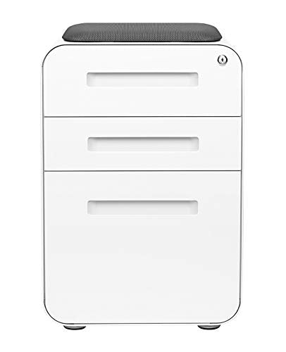 Laura Davidson Furniture STOCKPILE Curve Seated 3-Drawer Mobile File Cabinet with Removable Magnetic Cushion Seat - Metal Filing Cabinet, Pre-Assembled, White with Dark Grey Cushion