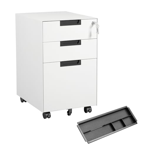 MIIIKO 3 Drawer Filing Cabinet with Lock, Metal Vertical File Cabinets for Home Office, Full Assembled File Cabinets Under Desk, Letter/Legal/A4 File Folders Storage - color: White, size: 3 Drawer-14.6"W -Mobile