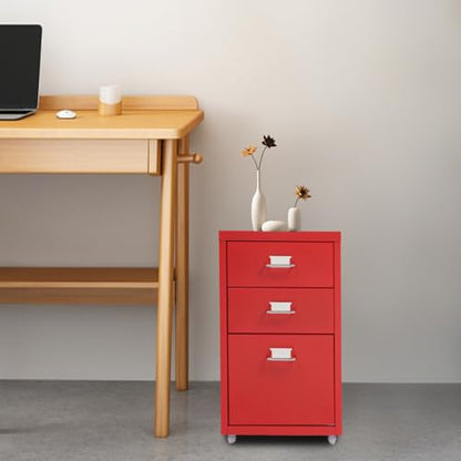 3 Drawers File Cabinet, 16 * 11 * 18.9In Aluminum Alloy Mobile Filing Cabinet Rolling Filing Cabinets Rectangular Storage Cabinets with Lock&4 Wheels for Kitchen Bedroom Living Room (Red) - color: Red