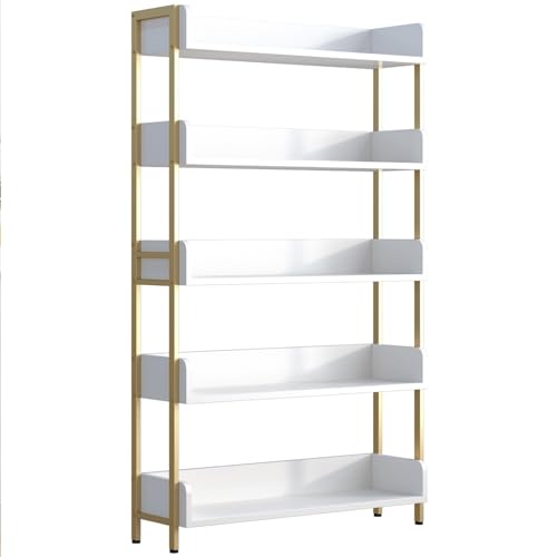 OSCHF Wide Open Shelf Bookcase, 5-Tier, White with Gold Frame - size: 5-Tier