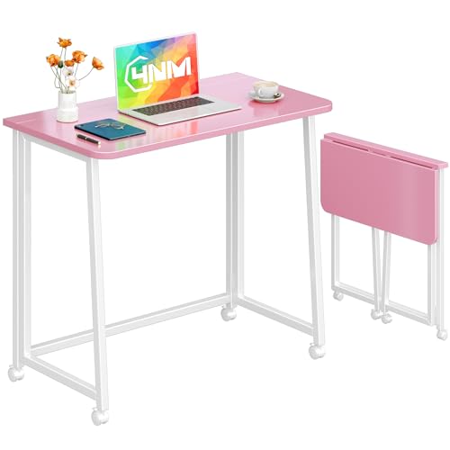 4NM 31.5" Mobile Small Folding Desk, Foldable Rolling Computer Home Office Desk, Study Writing Table for Small Space Saving Bedroom, with Wheels - Pink and White - color: Pink and White, size: 31.5"W x 15.7"D