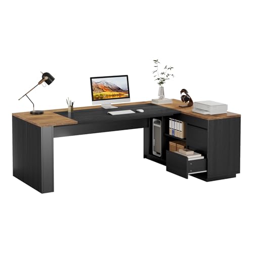 Tribesigns 78" L Shaped Executive Desk with Drawers, Large Office Computer Desk with Cabinet and Storage Shelves, Modern Business Furniture Sets Workstation for Home Office (Brown&Black) - color: Brown&black