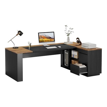 Tribesigns 78" L Shaped Executive Desk with Drawers, Large Office Computer Desk with Cabinet and Storage Shelves, Modern Business Furniture Sets Workstation for Home Office (Brown&Black) - color: Brown&black