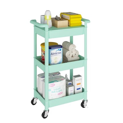 MIOCASA 3-Tier Utility Rolling Cart with Cover Top Board, Kitchen Storage Organization, Art Cart with Wheels for Office, Classroom, Livingroom, Kitchen, Bathroom, Green, Plastic - size: 3-Tier, style: Green