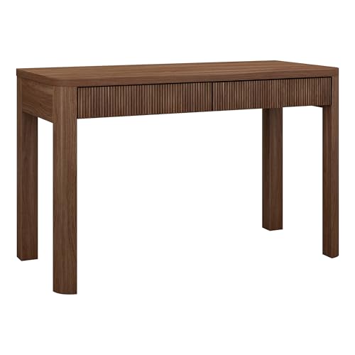 Henn&Hart 48" Fluted Home Office Desk, Computer Desk, Medium Walnut | Modern ribbed desk with two drawers and rounded legs for stylish workspace storage in living rooms, bedrooms, or home offices - color: Medium Walnut