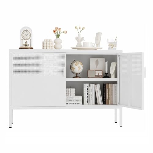 Metal Storage Cabinet,2 Door TV Stand, Metal Mesh Accent Cabinet | Magnetic Door Closure,Low Storage Cabinets with Doors and Shelf for Home,Office,Living Room - color: White, size: 25"H