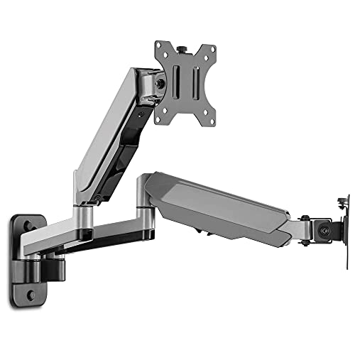 AVLT Dual Monitor Arm Wall Mount for 13-32" Screens, Full Motion - Silver | Supports flat/curved screens up to 17.6 lbs each. Smooth gas spring, VESA 75x75/100x100 and clean cable routing - color: Dual Extended