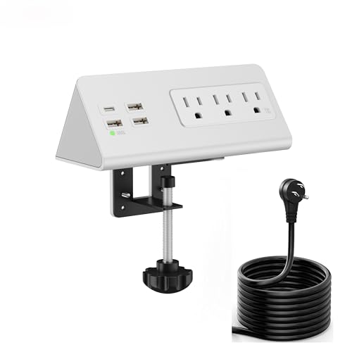 Upgraded Version Edge Mount Power Strip with USB-C Ports Tabletop Surge Protector Desk Clamp Power Sockets with 3 AC Outlets &4 Fast Charging USB Ports for Home Office Hotel Dormitory (White- 1pack) - color: White- 1pack