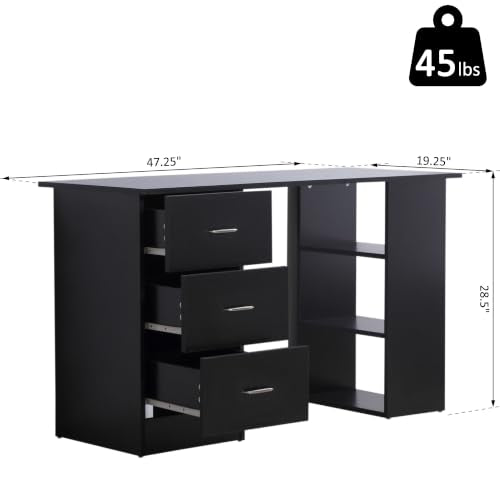 HOMCOM Computer Desk with Drawers, 47" Home Office Desk with Storage, Black - color: Black