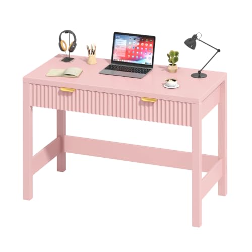 39 Inch Small Fluted Computer Desk with 2 Drawers for Bedroom, Home Office - color: Pink, size: 39 Inch Desk