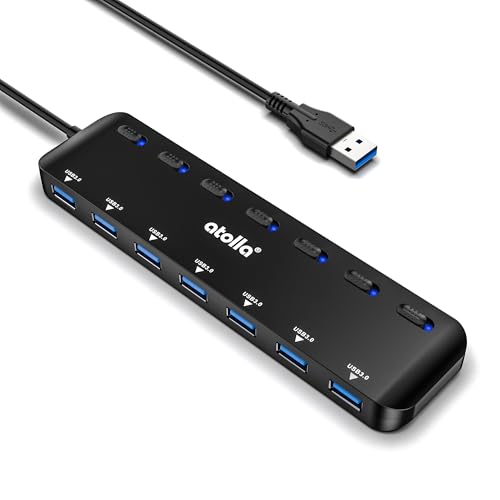 USB 3.0 Hub, atolla 7-Port USB Hub Splitter with Individual On/Off Switches and Lights, 3.28Ft Extended Cable, Suitable for Laptop, PC, MacBook, Keyboard, Mouse, Flash Drives ﻿ - size: 60 cm