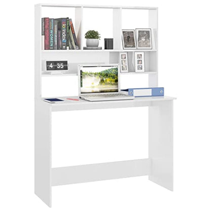 Desk with Shelves, High Gloss White, 43.3 x 17.7 x 61.8 Inches, Engineered Wood, Vertical Design for Small Spaces, Organize Folders, Documents, and PC Equipment - color: High Gloss White