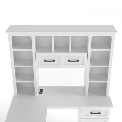RuiSiSi L Shaped Offic Desk with Hutch and Drawers, Farmhouse Home Desk with Cabinets and Open Shelves, Wood Executive Desk for Study, Living Room, White - color: White, size: 65"L x 52"W x66.1"H