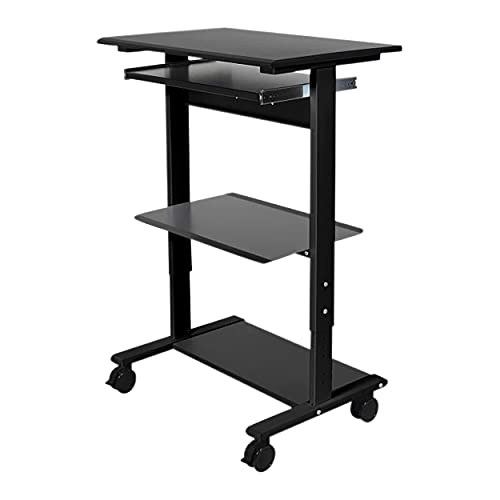 Stand Up Desk Store Mobile Rolling Adjustable Height Standing Workstation with Printer Shelf and Slideout Keyboard Tray (Black Frame/Black Top, 30" Wide) - color: Black/Black