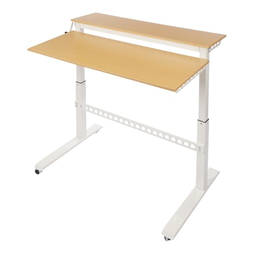 2-Tier Rolling Standing Desk Adjustable Height, 47" Wide Manual Crank Mobile Standing Desk with Steel Frame, Portable Stand-up Desks, Mobile Computer Workstation, White+Wood