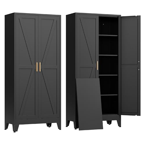 COFaR Black Farmhouse Storage Kitchen Pantry Cabinet with 2 Barn Door, 4 Adjustable Shelves and Legs, for Cupboard/Dining Room/Bathroom/Living Room/Office/Laundry Room (Black, 71" Farmhouse) - color: Black, size: 71" Farmhouse
