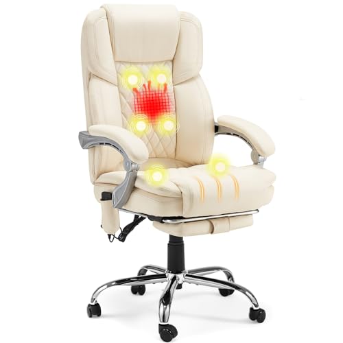 Executive Office Chair with Footrest, 6-Point Massage Office Chair with Reclining Backrest, Heated Leather Computer Chair for Home Office(Cream) - color: Cream-leather