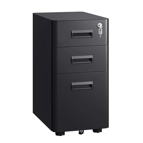 DEVAISE 3 Drawer Mobile File Cabinet, Fully Assembled Except Casters | Under Desk Metal Filing Cabinet with Lock for Home Office Organizer Letter/Legal/A4, Black - color: Black, size: 17.7" D x 11.8" W x 22.8" H