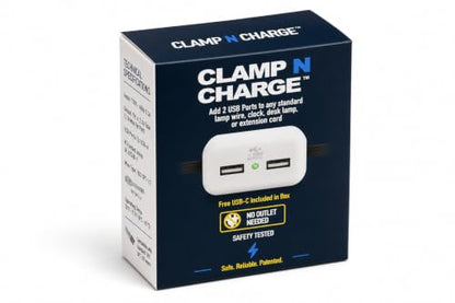 Clamp N Charge USB Charging Station for Lamp Cords, No Outlet, No Rewiring | DIY install in under a minute with a Phillips screwdriver; fits flat lamp cords, charges 2 devices, USB-C adapter included
