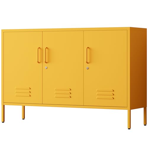 Three-Door Steel TV Stand with Lock and Two Built-in Adjustable Shelves Suitable for Bedroom Living Room Warehouse Yellow Size：31.5" H x 47.3" W x 13.8" D - color: Yellow, style: 31.5"H-TV-SM