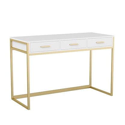 Martha Stewart Ollie Home Office Desk with 3 Drawers in White with Polished Brass Hardware - color: White Top/Polished Brass Frame