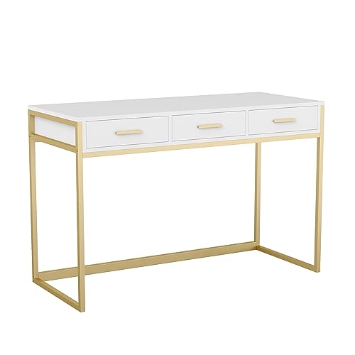 Martha Stewart Ollie Home Office Desk with 3 Drawers in White with Polished Brass Hardware - color: White Top/Polished Brass Frame