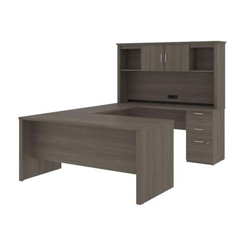 Bestar U or L Shaped Desk with Hutch and Drawers, Bark Grey, Logan, 66W | With Drawers and Hutch; The Bestar Logan U or L Shaped Desk with Drawers and Hutch offers a customizable solution - color: Bark Grey