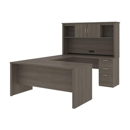 Bestar U or L Shaped Desk with Hutch and Drawers, Bark Grey, Logan, 66W | With Drawers and Hutch; The Bestar Logan U or L Shaped Desk with Drawers and Hutch offers a customizable solution - color: Bark Grey