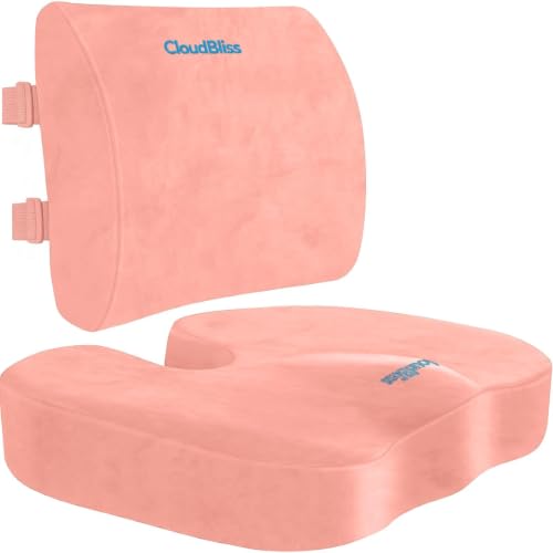 CloudBliss Ergonomic Seat Cushion & Lumbar Support Pillow Set, Pink, XL | Back Pain & Sciatica Relief, Memory Foam Support, Adjustable Straps, Machine Washable Velvet, Perfect for Office, Car, Gaming - color: Pink, size: X-Large