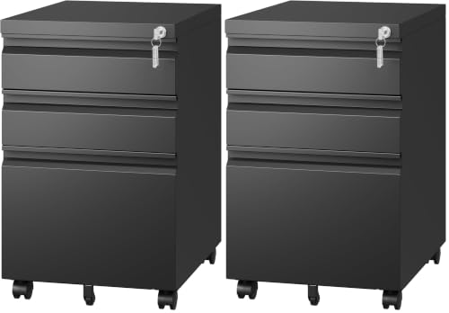 Letaya 3 Drawer Mobile File Cabinet with Lock,Under Desk Metal Filing Cabinets for Home Office Organizer Letters/Legal/A4((Fully Assembled-Black) (Pack of 2) - color: Black, size: 14.57"W X 17.32"D X 24.40"H (Pack of 2)