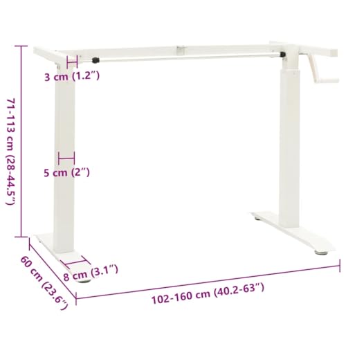 vidaXL Manual Height Adjustable Standing Desk Frame Hand Crank White | Easily change the height from 28 to 445 in, Modern look with a sleek white finish, Built from tough carbon steel - color: White