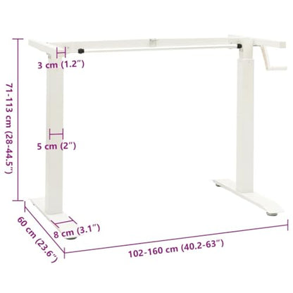 Manual Height Adjustable Desk Frame with Hand Crank, Powder-Coated Carbon Steel, Width 40.2"-63", Height 28"-44.5", for Desks 47.2"-70.9" Wide - color: White