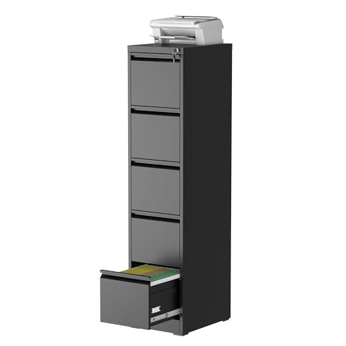 5 Drawer Vertical File Cabinet with Lock, Metal Filing Cabinets for Home Office, Heavy Duty File Storage Cabinet for Legal/Letter/A4 Documents, Easy to Assemble, Black - color: Black, size: 5-Drawer