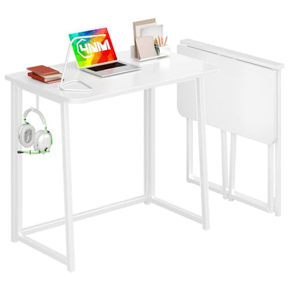 4NM 31.5" Small Folding Desk, Foldable Computer Home Office Desk, Study Writing Table for Small Space Saving Bedroom, Easy Assembly - All White - color: All White, size: 31.5"W x 17.7"D