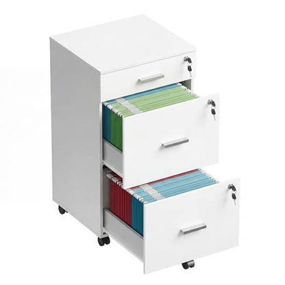 DEVAISE 3 Drawer File Cabinet with Lock & Wheels, White | Wood printer stand, Mobile filing cabinets for home office, Fits Letter/A4 Size - color: White