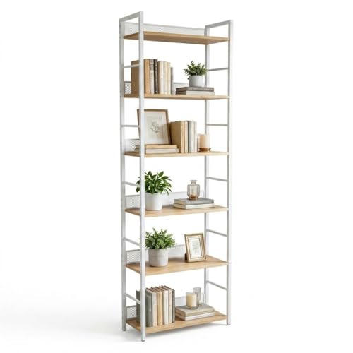 IDEALHOUSE 6 Tier Bookshelf，Tall Narrow Bookcase with Metal Guard Panels, Industrial Wood and Metal Display Shelf, Freestanding Storage Rack for Bedroom, Living Room, Home Office，Matte White - color: White, size: 6