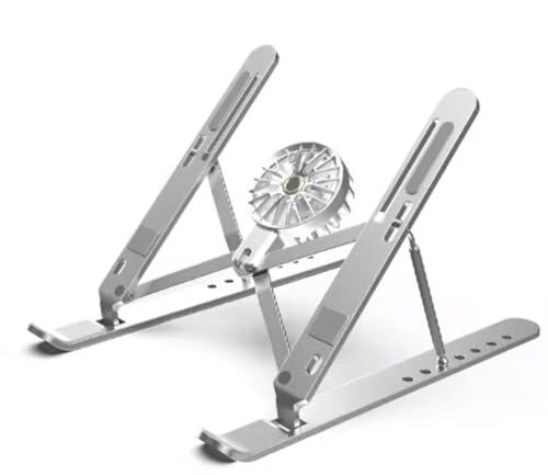Adjustable Laptop Stand with Detachable Cooling Fan – Portable Foldable Notebook Riser with Heat Sink, USB Powered, Ergonomic & Anti-Slip Design for 10"–17" Laptops (Silver)