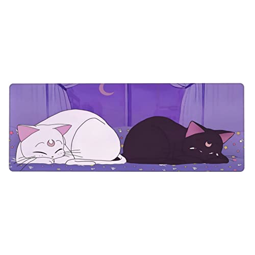Anime Kawaii Gaming Mouse Pad - Cute Cat Large Desk Mat XL Lavender Purple Extended Mousepad - Desktop Laptop Keyboard Mouse Mat 31.5x11.8in Non-Slip Rubber Base with Stitched Edges