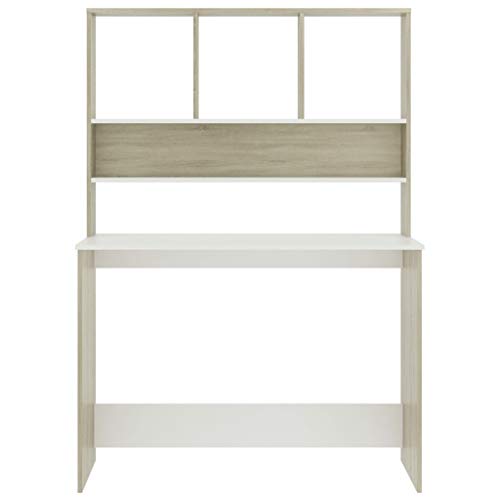 Desk with Shelves, 43.3x17.7x61.8 Inches Engineered Wood Desk in White and Sonoma Oak, Vertical Storage for Small Spaces, Organize Folders Documents and PC Equipment - color: White and Sonoma Oak