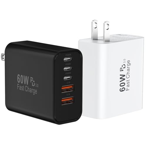 USB C Fast Wall Charger Block, 2Pack 60W USBC Charging Cubes, 5-Port PD+QC Power Adapter Multiport Brick Type C Box Plug for Phone 17/16/15/14/13/12/11/Pro Max/Plus, Pad Mini/Pro/S25/S24-White+Black - color: Balck+White